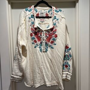 Johnny Was Ivory Blouse with Red and Blue Embroidery